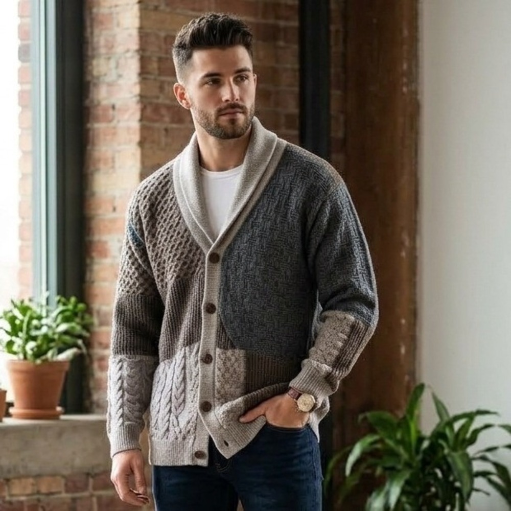 Novica Alpaca Cardigan Mens XXL Andes Patchwork Cable Knit Shawl Heritage Cozy